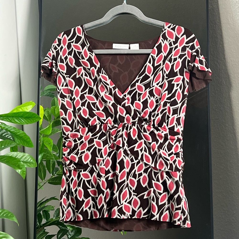 Brown And Pink Leaf Print Floral Blouse